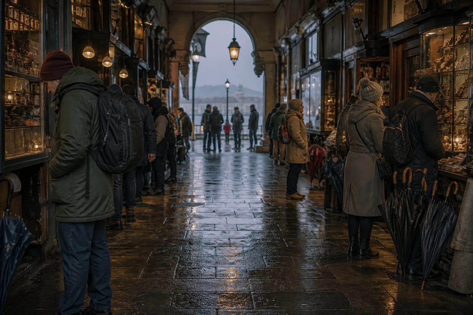 Covered market aisle with wet umbrellas closed at the side, travellers standing without blocking the walkway, warm overhead lamps and grey street light at the exit, 1200x800
