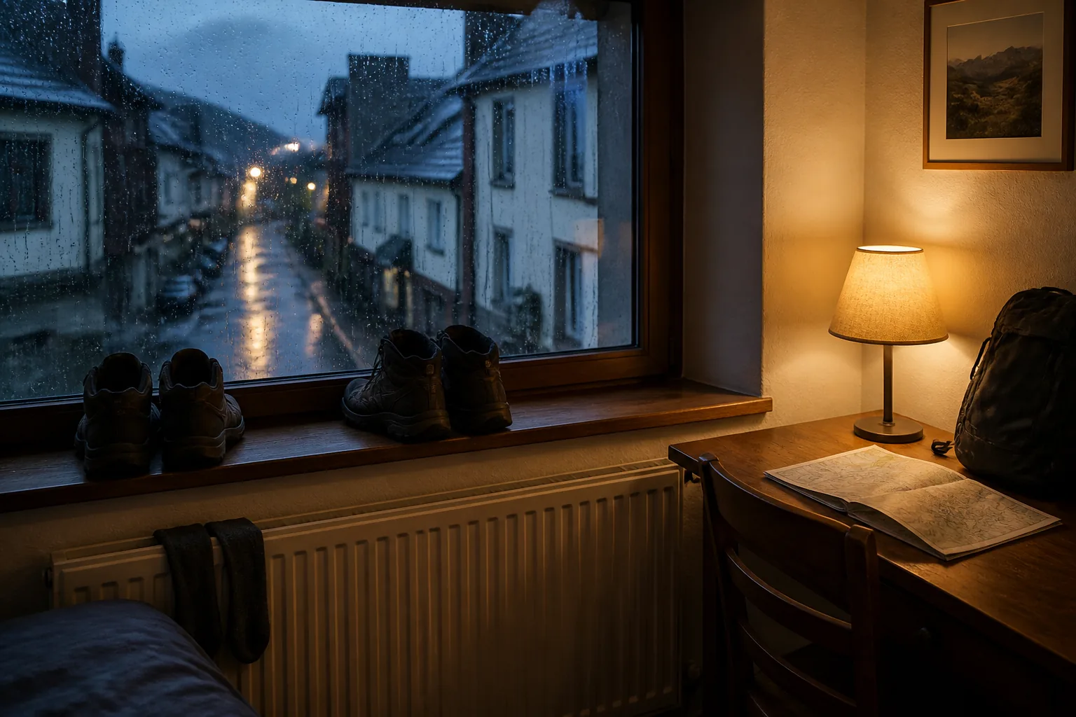 Small lodging room at dusk with walking shoes drying near a rain-streaked window, folded map on the desk, warm lamp against blue-grey street light outside, 1200x800