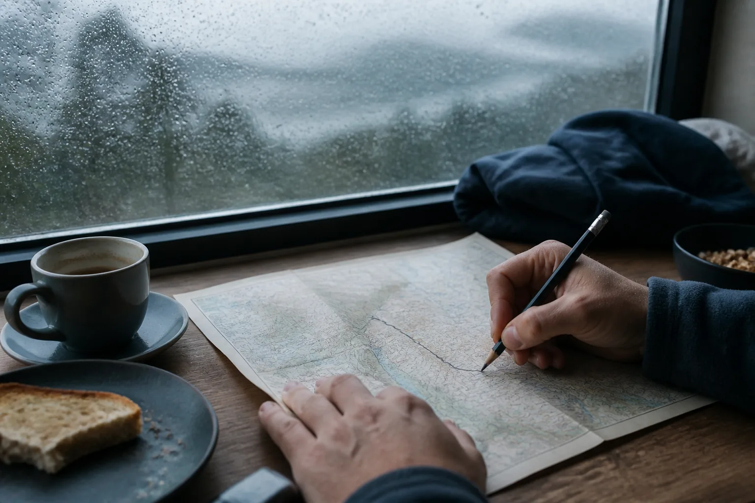 Hands rewriting a walking loop on a paper map at a breakfast table, rain on the window glass, coffee cup pushed aside, soft morning grey light, 1200x800