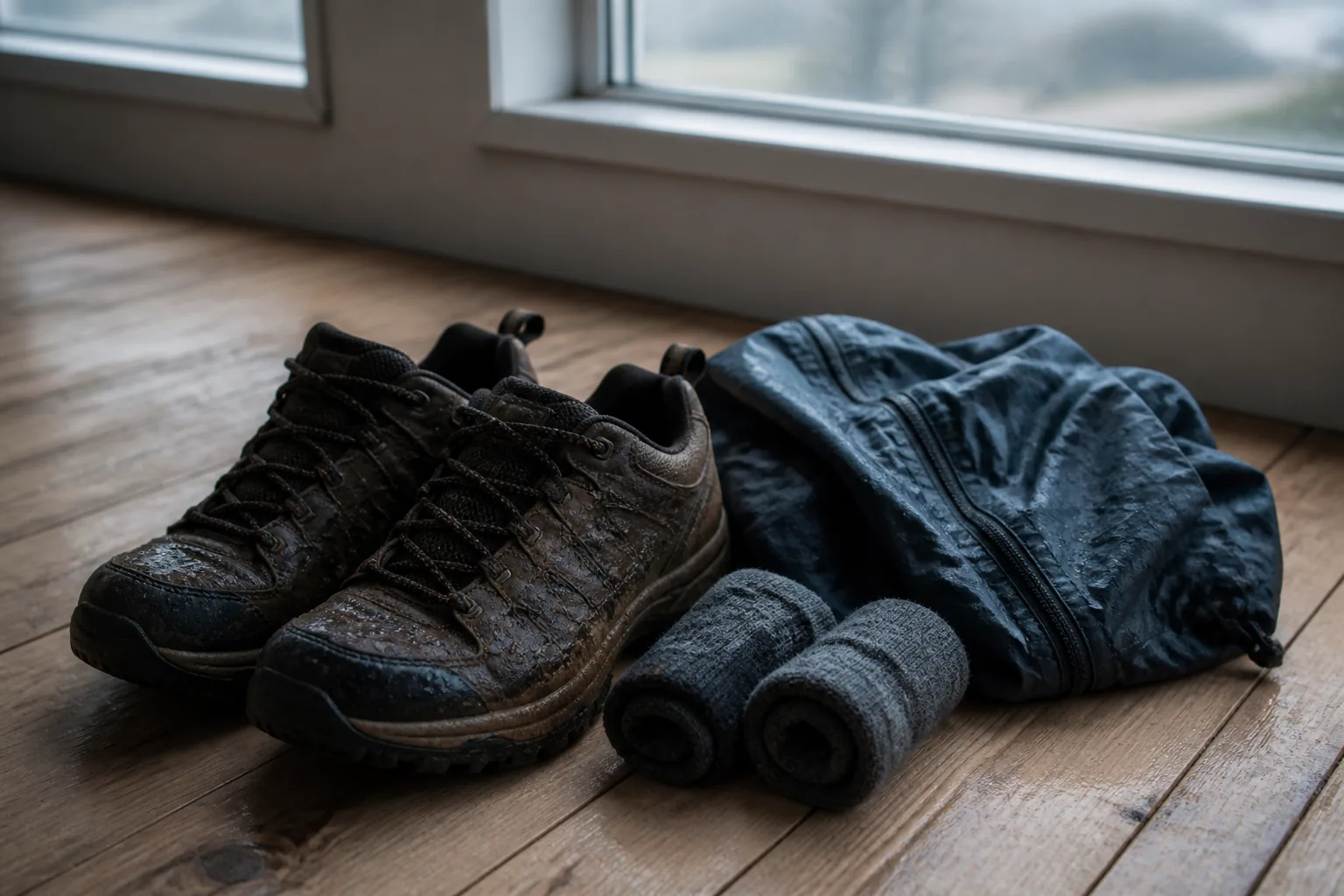 Pair of darkened walking shoes beside rolled spare socks and a compact rain shell on a wooden floor, overcast window light, no people in frame, 1200x800