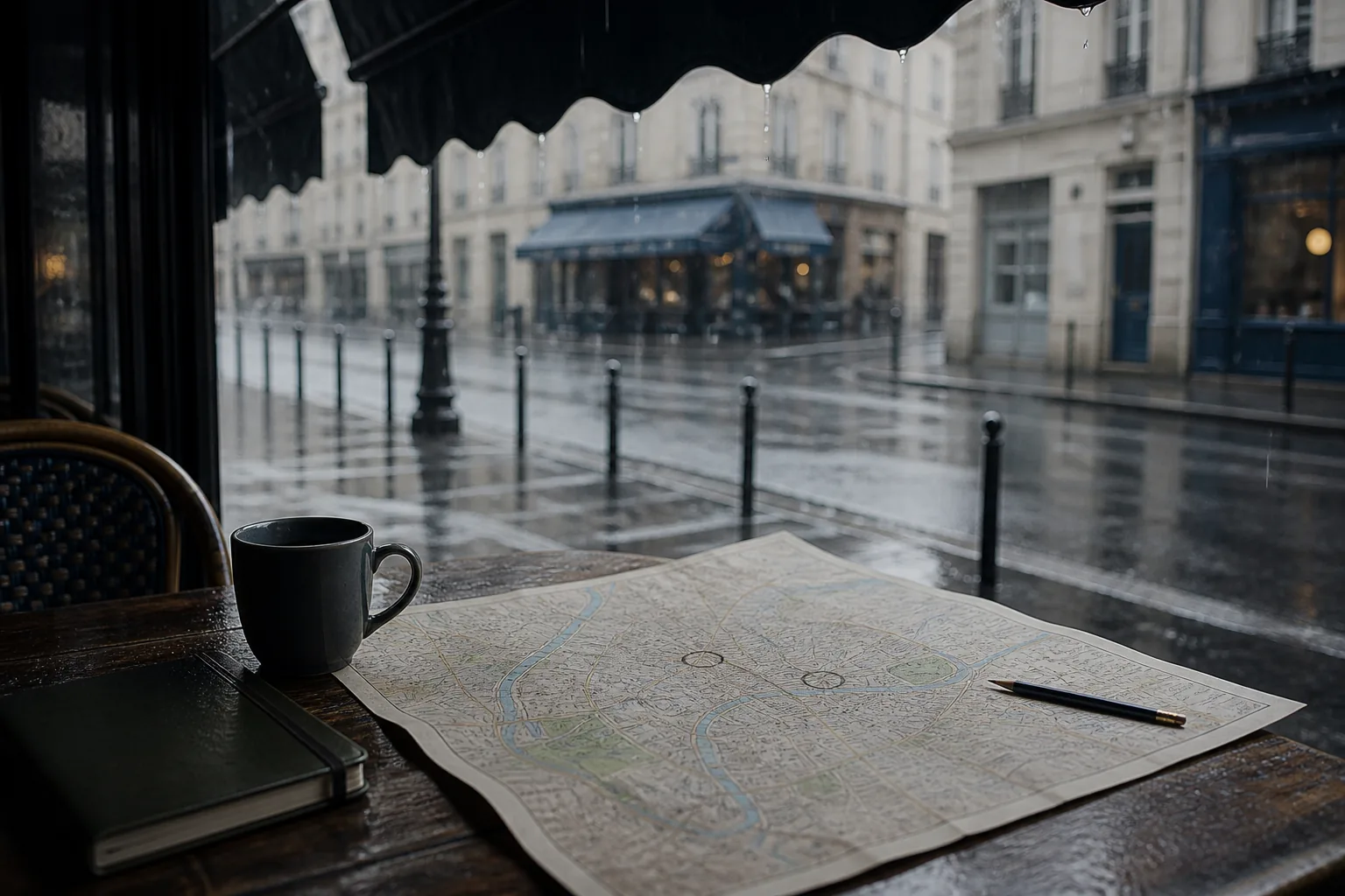 Folded paper map on a cafe table under a dripping awning, rain falling on the street beyond, pencil marks circling indoor stops, cool overcast light, 1600x900