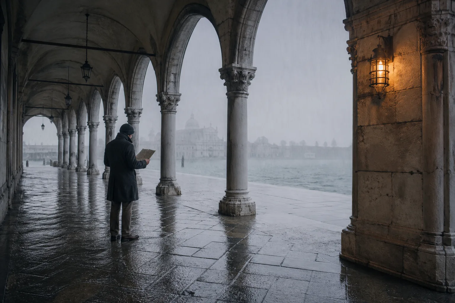 Stone covered arcade at first light, wet flagstones reflecting a pale grey sky, rain falling beyond the arches, a lone traveller in a dark coat pausing with a folded map, warm lamp light on the nearest column, 1920x1080