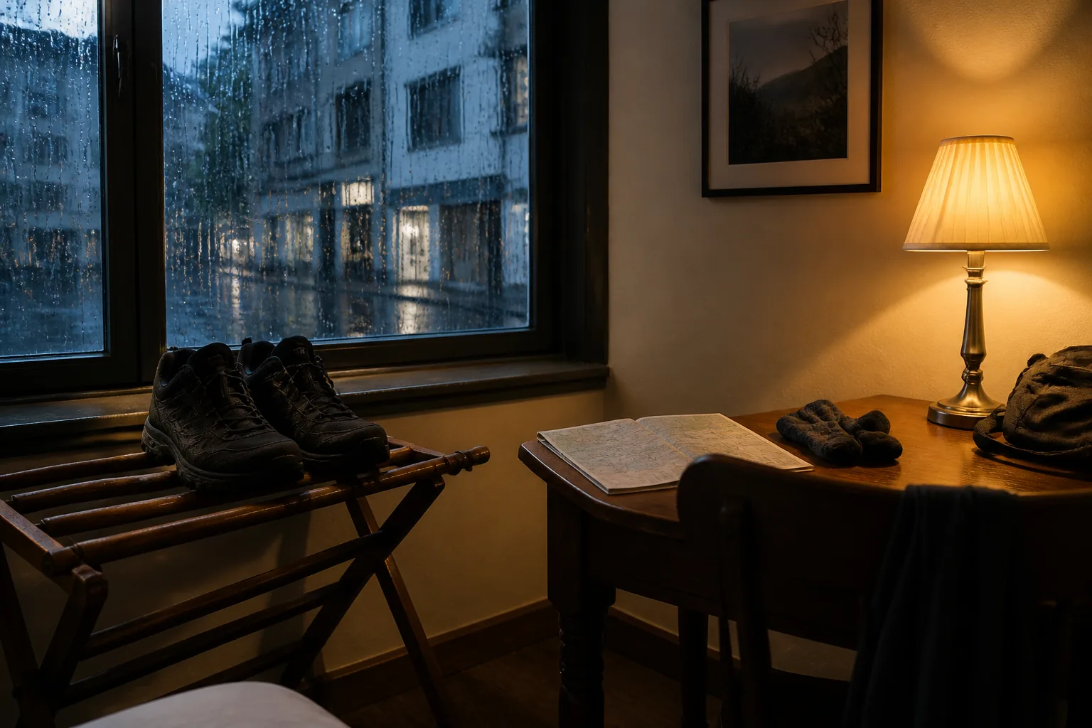 Small hotel room at dusk, pair of dark walking shoes drying on a wooden rack by a rain-streaked window, folded map and dry socks on the desk, warm lamp light against a blue-grey street outside, 1600x900