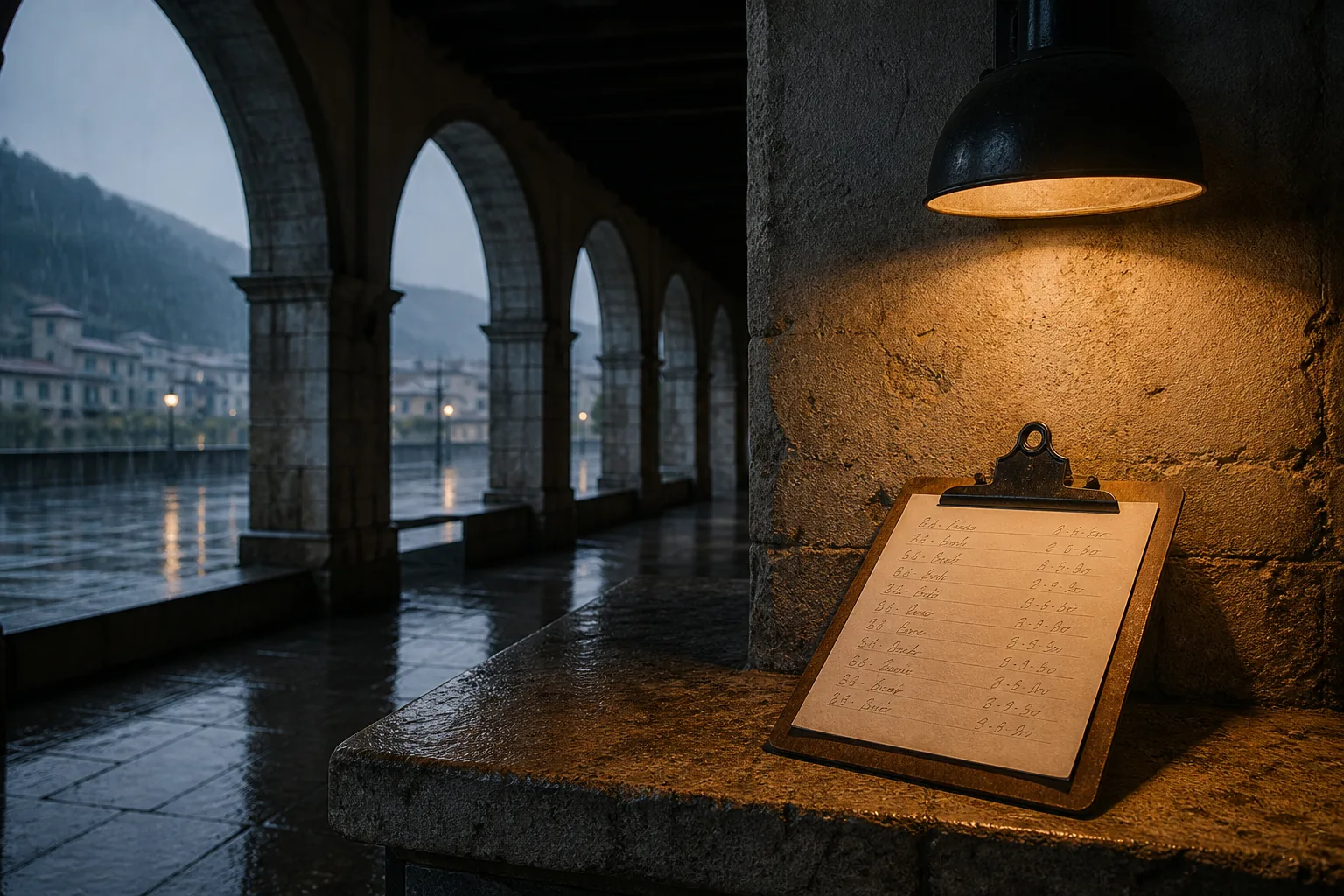 Clipboard with handwritten pause times resting on a stone ledge under a covered arcade, rain visible beyond the arches, soft overhead lamp light on the paper, 1600x900