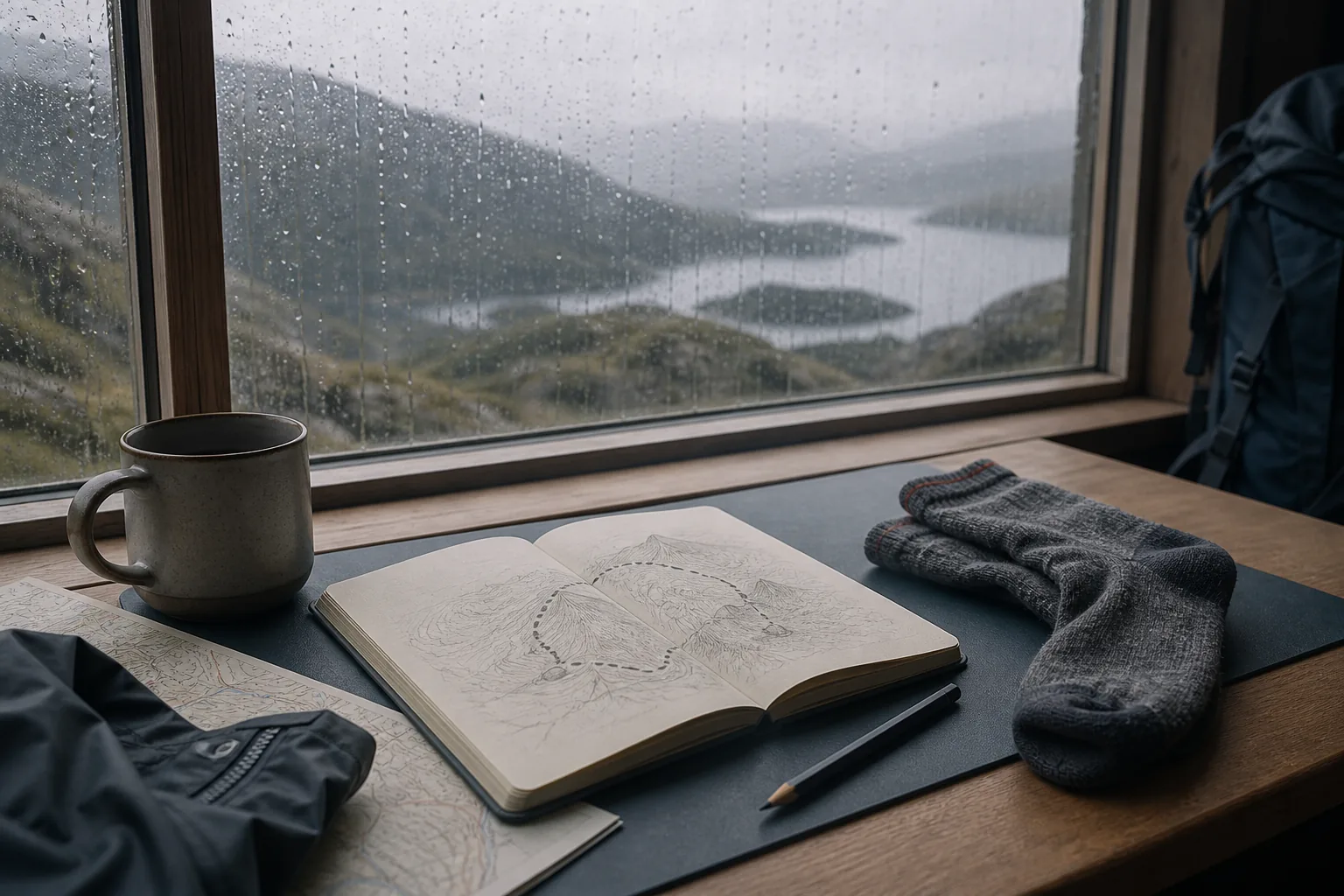 Wooden desk beside a rain-streaked window, open notebook with a sketched walking loop, pencil and spare socks on the blotter, soft grey daylight from outside, 1600x900