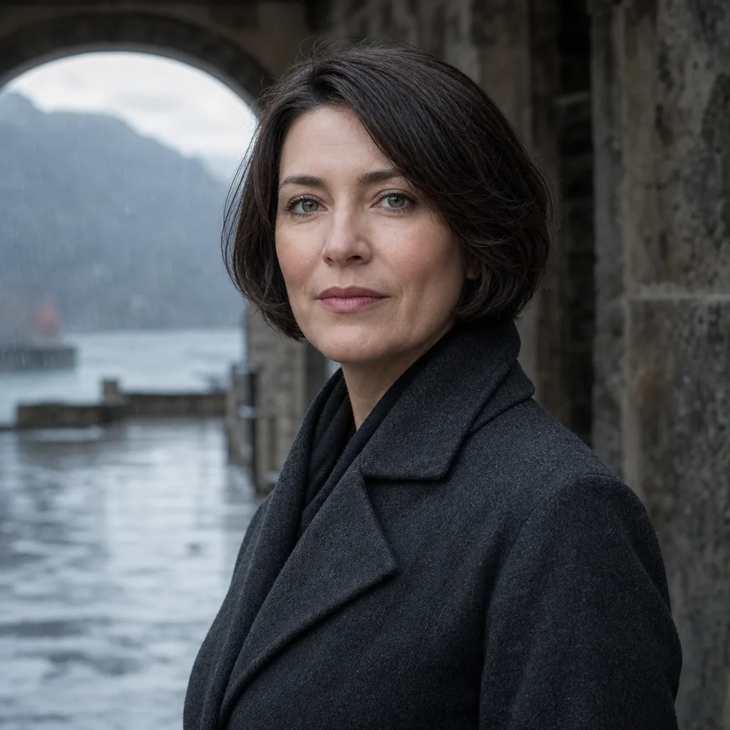 Elena Voss, portrait of a woman in her forties with a dark bob and charcoal wool coat standing in a stone arcade, rain visible beyond the arch, even daylight, 400x400