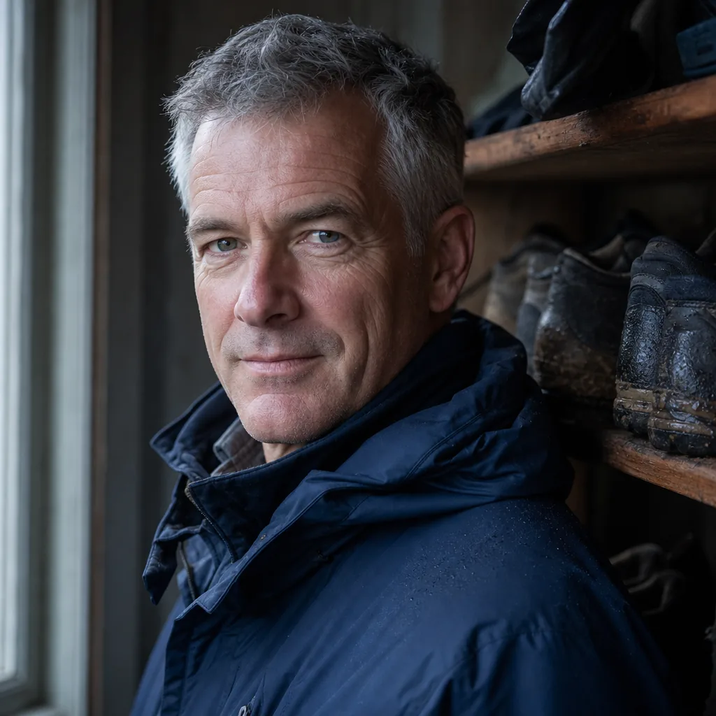 Marcus Hale, portrait of a man in his fifties with short grey hair and a navy weather jacket, standing beside a wooden boot rack with damp walking shoes, cool window light, 400x400