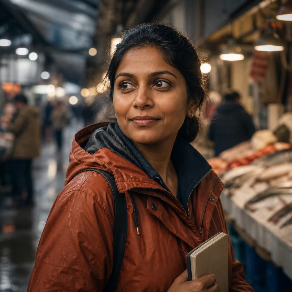 Priya Nandakumar, portrait of a woman in her thirties with black hair tied back and a rust-colored raincoat, standing in a busy covered market aisle with a notebook, soft overhead lamps, 400x400