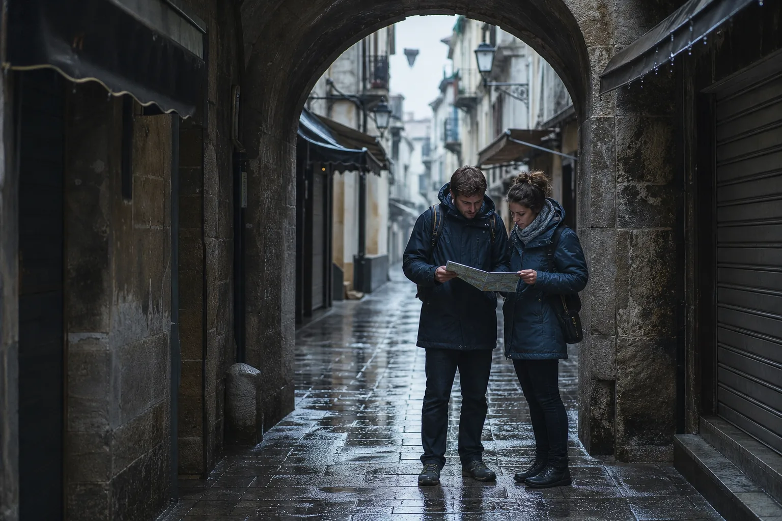 Narrow old-town street after rain, dark cobblestones glazed with water, closed shop awnings dripping, a paper map held under a stone arch while two people recast a walking loop, cool overcast light, 1600x900