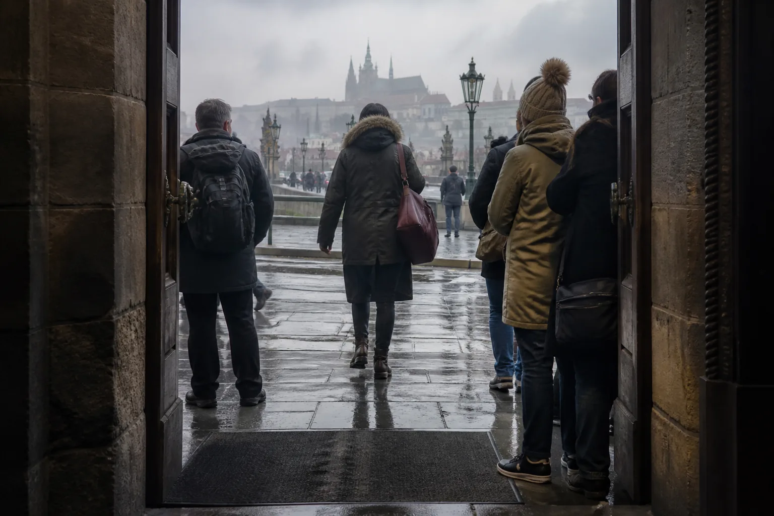 Wet stone doorway with a dark mat and a drip line on the flagstones, travellers leaving space for the door swing, soft grey light from the street, 1600x900